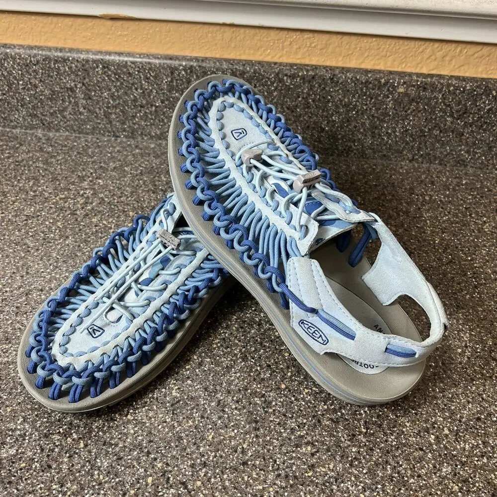 Keen Uneek Sandals Women's Sz 10.5 Blue Woven Bungee Lacing Hiking Trail Slip On